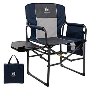 lot 53363 image: Coastrail Outdoor Directors Chair Extra Compact Folding Camping Chair with Large Side Table, Breathable Mesh Back, Cup & Phone Holder, Storage Pockets and Handle, Bonus Carry Bag, Blue