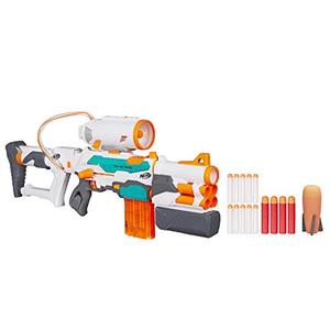 lot 53387 image: Nerf Modulus Tri-Strike Blaster -- Create 3 Different Blasters -- Fire Elite, Mega, or Rocket Darts -- Comes with Barrel, Stock, Darts