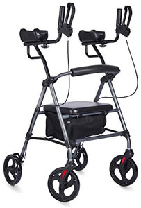 lot 53388 image: Zler Upright Walker with Extra Wide Padded Seat and Back, Tall Walker with Seat Basket for Seniors (Gray