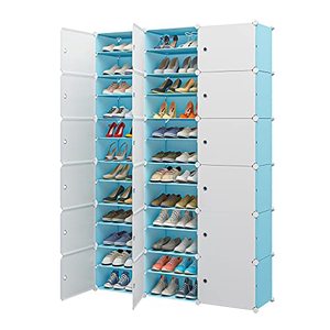 lot 53410 image: Aeitc Shoe Rack 72 Pairs Shoe Organizer Narrow Standing Stackable Shoe Storage Cabinet Space Saver for Entryway, Hallway and Closet, Blue, White door   (48inch x 12inch x 72inch)