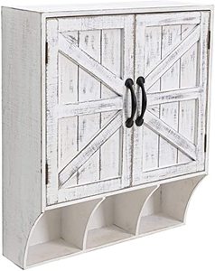lot 53436 image: FLORA Farmhouse Wall Storage Cabinet, Bathroom Wall Cabinet Over Toilet with Magnetic Doors and 3 Storage Compartment, Rustic White