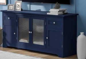 lot 65902 image: Seafuloy 59 in. W Navy Blue MDF TV Cabinet with 4-Doors Adjustable Panels Open Style and TV up to 65in.