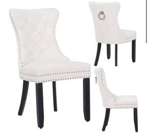 lot 65908 image: BTEXPERT White Set of 2 High Back Velvet Tufted Upholstery, Solid Wood-Accent Nail Trim, Ring Leisure Side Living Room upholstered Dining Chair