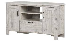 lot 65925 image: South Shore Lionel 48 in. Seaside Pine Particle Board Corner TV Stand Fits TVs Up to 48 in. with Storage Doors