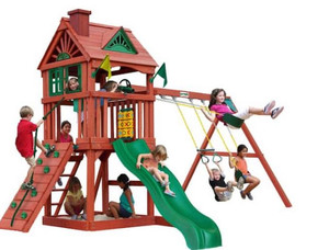 lot 65968 image: Gorilla Playsets Nantucket II Wooden Backyard Playset with Alpine Wave Slide, Rock Wall, Sandbox, Swings, and Play Set Accessories