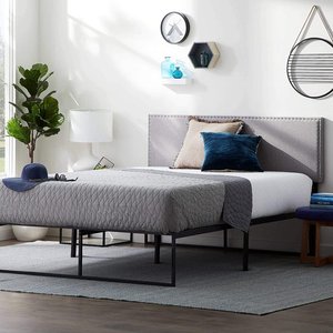 lot 65936 image: Lucid Queen Nailhead Headboard, Attach to Bed Frame or Wall Mount Headboard,�� Upholstered Mid-Rise Queen Headboard, Stone