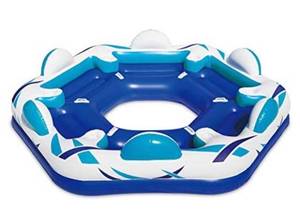 lot 1974 image: Summer Waves Inflatable 6 Person Party Pad Swimming Pool Beach Lake Float Island with 6 Cupholders and Backrests