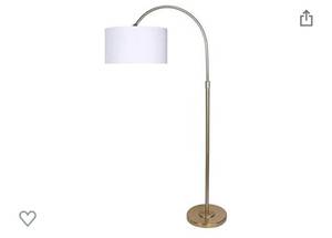 lot 1980 image: Grandview Gallery 63.5 Modern Gold Plated Arc Floor Lamp with Round Tiered Base and Off-White Linen Hanging Drum Shade - Lighting for Behind The Couch, Free Standing, Reading, The Bedroom or Office