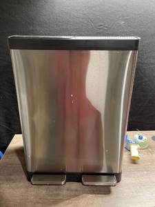 lot 2055 image: 16 Gallon Dual Step Trash Can & Recycle, Stainless Steel Lid and Bin Body with Handle, Includes 2 x 8 Gallon (60L) Removable Buckets are Color-Coded, Soft-close and Airtight Lid, Silver