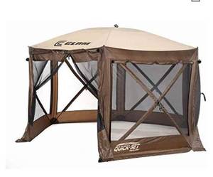 lot 2082 image: CLAM Quick-Set Pavilion 12.5 x 12.5 Foot Portable Pop-Up Outdoor Camping Gazebo Screen Tent 6 Sided Canopy Shelter wGround Stakes & Carry Bag, Brown - retails $495