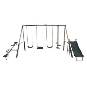 lot 2083 image: XDP Recreation Crestview Outdoor Swing Set with 3 Swings Slide Glider & See Saw (incomplete)