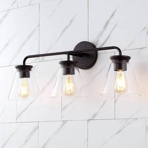 lot 10127 image: JONATHAN Y Kondo 27 in. 3-Light Oil Rubbed BronzeClear Modern Farmhouse Iron LED Vanity Light