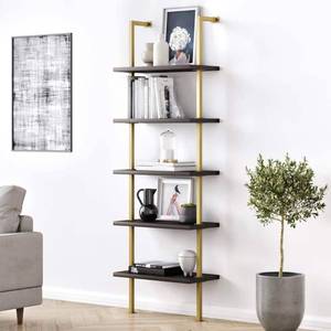 lot 10155 image: Nathan James Theo Industrial 5-Shelf Gold Ladder Bookcase with Dark Oak Open Shelves and Brass Metal Frame