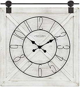 lot 2316 image: FirsTime & Co. Farmstead Barn Door Wall Clock, 29H x 27W, Whitewash, Silver Hardware, Black Dial