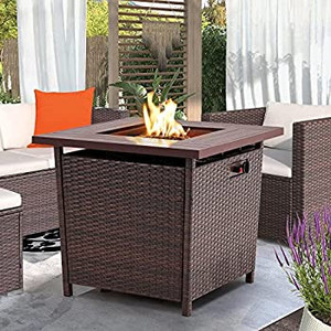 lot 2328 image: Yaheetech 28 in Wicker Gas Fire Pit Table 50,000 BTU Propane Fire Pit wWeatherproof PE Rattan Frame and Fire Glass for Outdoor Patio Party, Smokeless Gas Firepit Table wRain Cover,