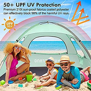 lot 2342 image: WhiteFang Beach Tent Anti-UV Portable Sun Shade Shelter for 3 Person, Extendable Floor with 3 Ventilating Mesh Windows Plus Carrying Bag, Stakes and Guy Lines