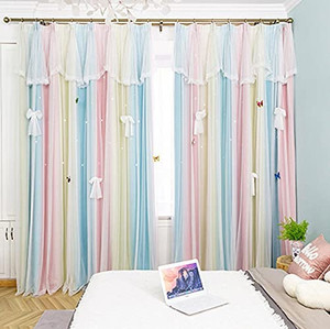 lot 3380 image: Gradient lace Double-Layer Hollow Star Curtains, Childrens Curtains, Bedroom Blackout Curtains, Girl Room Decoration, 1 Piece,Color,W150XH270CM Hook may vary from stock photos