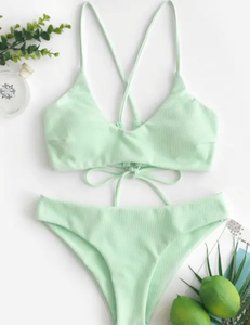 lot 3385 image: ZAFUL Criss Cross Textured Padded Bikini Swimsuit - Mint Green Large- size 8