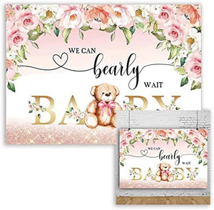 lot 3396 image: 7x5ft Bear Baby Shower Backdrop for Girl Boy We Can Bearly Wait Backdrop Watercolor Leaves Pink Floral Baby Shower Party Banner Decorations for Girl Boy Photography Background Photo Booth Props