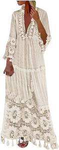 lot 3400 image: Bohemian Dress for Women V Neck Long Sleeve Tassel Plus Size Long Lace Dress Vacation Beach Ethnic Style Maxi Dresses Size 2XL