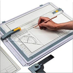 lot 3410 image: Inch Scale A3 Drafting Table Drawing Board, Drawing Tool Set Graphic Architectural Sketch Board with Parallel Motion, Set Square, Clamps, Protractor, Anti Slip Support Legs, Sliding Ruler