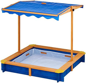 lot 3423 image: Teamson Kids - Wooden Outdoor Kids Sandbox Toys with Canopy for Garden, Backyard, NaturalBlue