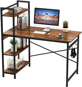 lot 3436 image: Engriy Computer Desk with 4 Tier Shelves for Home Office, 47 Writing Study Table with Bookshelf and 2 Hooks, Multipurpose Industrial Wood Desk Workstation with Metal Frame for PC Laptop, Rustic Brown