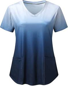 lot 3440 image: YOKWI Gradient Color Scrub_Tops Women Nurse Working Uniforms Summer Short Sleeve V Neck Medical Scrub_Shirts Pockets Size large
