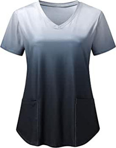 lot 3441 image: YOKWI Gradient Color Scrub_Tops Women Nurse Working Uniforms Summer Short Sleeve V Neck Medical Scrub_Shirts Pockets Size large