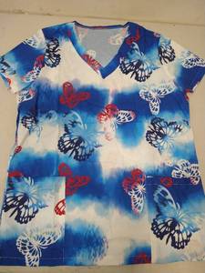 lot 3442 image: YOKWI Tie dye Color with butterflies Scrub_Tops Women Nurse Working Uniforms Summer Short Sleeve V Neck Medical Scrub_Shirts Pockets Size Large