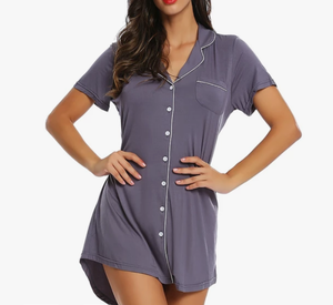 lot 3455 image: Joyaria Women Sleepwear Short Sleeve Nightgown Button Down Nightshirt Bamboo Sleep Shirt Soft Sleep Tops Pajama Top PJS Women lavender color size large