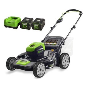lot 3477 image: Greenworks 21 80 Volt Battery Powered Push Walk-Behind Mower