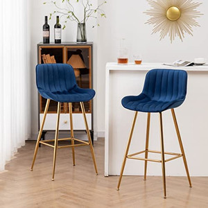lot 7092 image: Sidanli Gold Bar Stools Set of 2, Blue Bar Chairs with Velvet Upholstered, Stools for Kitchen Counter.