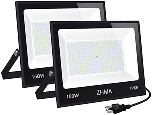 lot 7941 image: ZHMA 2 Pack 150W Led Flood Lights Outdoor, 12000LM Super Bright Plug in Work Light, IP66 Waterproof LED Work Lights, 6500K Daylight White, Outdoor FloodLights for Backyard,Playground,Basketball Court