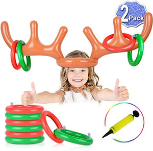 lot 7963 image: 2 Set Inflatable Reindeer Antler Game, (2 Inflatable Antler, 12 Rings Reindeer Ring Toss) Inflatable Reindeer Antler Hat with Rings, Family Christmas Party Games