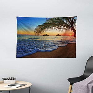 lot 7967 image: Ambesonne Hawaiian Tapestry, Pacific Sunrise at Lanikai Beach Hawaii Colorful Sky Wavy Ocean Surface Scene, Wide Wall Hanging for Bedroom Living Room Dorm, 60 X 40, Blue Ivory