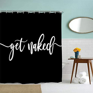 lot 7975 image: Get Naked Shower Curtain for Bathroom with Hooks, Black and White Funny Quotes Decorative Long Cloth Fabric Shower Curtain Bath Decorations- 71Wx72L Inch, Black