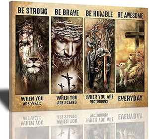 lot 8447 image: Jesus Decor Wall Art Christian Religious Painting Canvas Cross Warrior Lion and Lamb Be Brave Prints Artwork Best Gift Inspirational Wall Decoration Horizontal Poster Framed for Bedroom Living Room