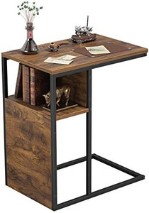 lot 8460 image: Cubiker End Table, C Shaped Reversible Side Table with Wooden Shelf, Snack Side Table for Living Room, End Table for Sofa Couch and Bed, Metal Frame Nightstand Deep Brown