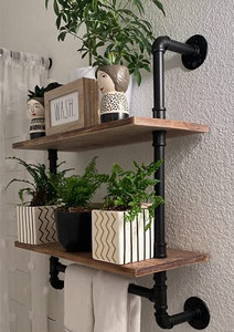 lot 8492 image: Industrial Pipe Shelving,Iron Pipe Shelves Industrial Bathroom Shelves with Towel bar,24 in Rustic Metal Pipe Floating Shelves Pipe Wall Shelf,2 Tier Industrial Shelf Wall Mounted with Hook ROGMARS