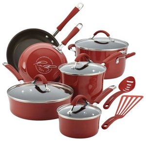 lot 293 image: Rachael Ray - Cucina 12-Piece Nonstick Cookware Set - EspressoCranberry Red