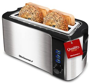 lot 2166 image: Elite Gourmet ECT-3100 Long Slot Toaster, Reheat, 6 Toast Settings, Defrost, Cancel Functions, Slide Out Crumb Tray, Extra Wide Slots for Bagels Waffles, 4 Slice, Stainless Steel & Black