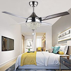 lot 2167 image: Morpholife Crystal Ceiling Fan with Light and Remote, LED Modern Chandelier Fan 3-color, Smart Small Outdoor Fan with 4 Reversible Stainless Steel Blades for Living Room, Bedroom, Indoor (44, Chrome)