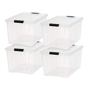 lot 2198 image: IRIS USA 72 Qt. Plastic Storage Bin Tote Organizing Container with Durable Lid and Secure Latching Buckles, Stackable and Nestable, 4 Pack, clear with Black Buckle
