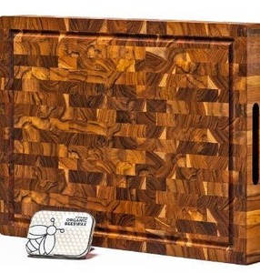 lot 2248 image: Ziruma Large End Grain Teak Wood Cutting Board (20x15x2 in.) Cured with Beeswax and Natural Oils