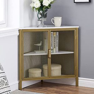 lot 2282 image: VECELO 3-Tier Corner Shelf Metal Frame Storage Cabinet Organizer with Ventilation Protection Door for BedroomLiving RoomKitchen, Gold