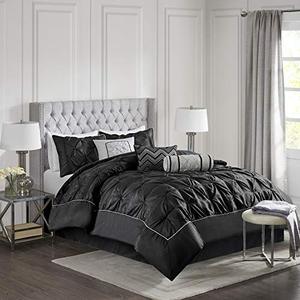 lot 2293 image: Madison Park Laurel King Size Bed Comforter Set Bed In A Bag - Black , Wrinkle Tufted Pleated 7 Pieces Bedding Sets Faux Silk Bedroom Comforters