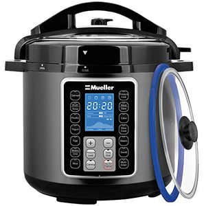 lot 2379 image: Mueller 6 Quart Pressure Cooker 10 in 1, Cook 2 Dishes at Once, Tempered Glass Lid incl, Saute, Slow Cooker, Rice Cooker, Yogurt Maker and Much More