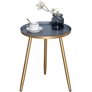 lot 2391 image: HollyHOME Accent Round Metal End Table with 3 Legs, 16.93(D) x 19.49(H), Indoor & Outdoor Tripod Stand Coffee Side Table, Weather Resistant Tea Table for Living Room, Balcony, Patio, Garden, Gold&Grey