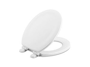 lot 2406 image: KOHLER K-20467-0 Stonewood Toilet Seat, Quiet-Close Round Toilet Seat, Slow Close, Wooden Toilet Seat, White